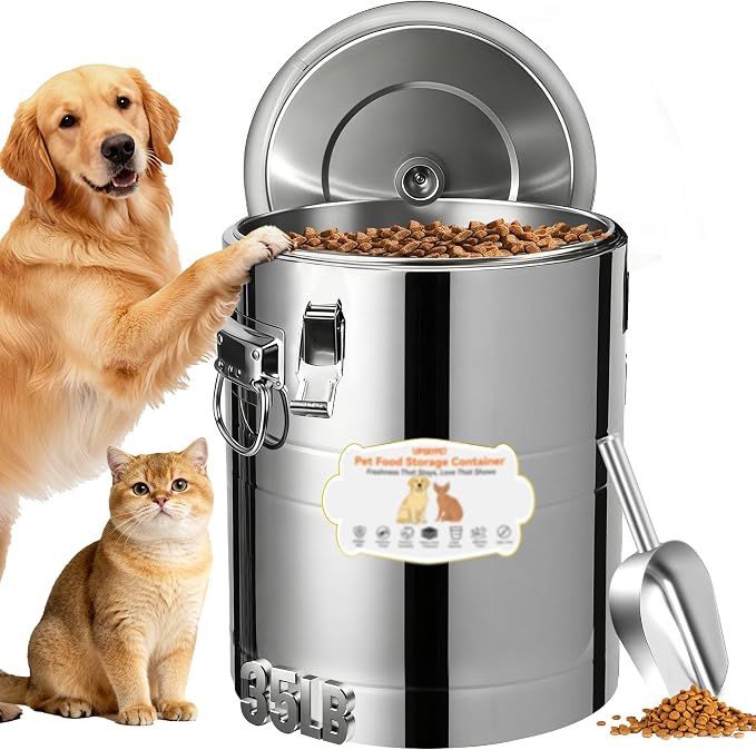 UPSKYPET35lb Dog Food Storage Container, Airtight Stainless Steel | Extra Large Capacity, Rust-Proof, Moisture-Proof, Deters Pets from Opening & Stealing Food, Easy to Clean, Keeps Food Crispy