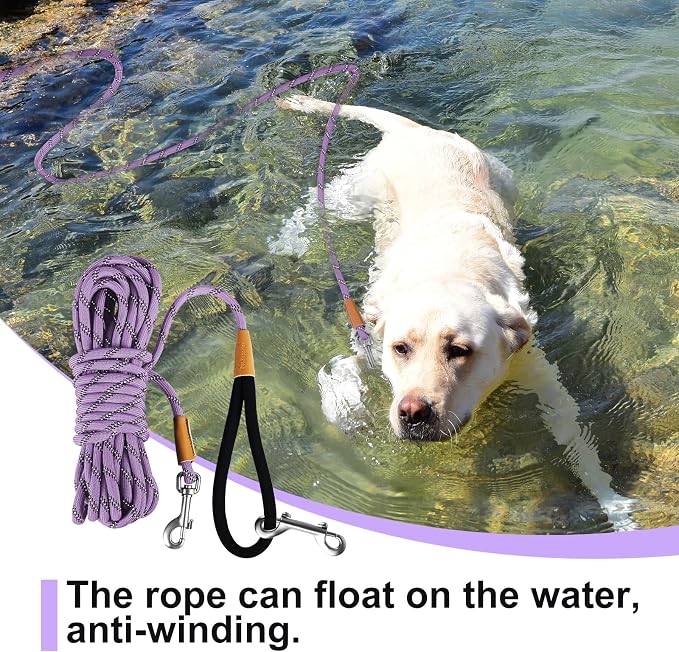 lynxking Long Dog Leash Reflective 15ft 30ft 50ft Check Cord Training Lead Padded Handle Heavy Duty Rope for Puppy Small Medium Large Dogs (Light Purple, 50ft x 3/8inch)
