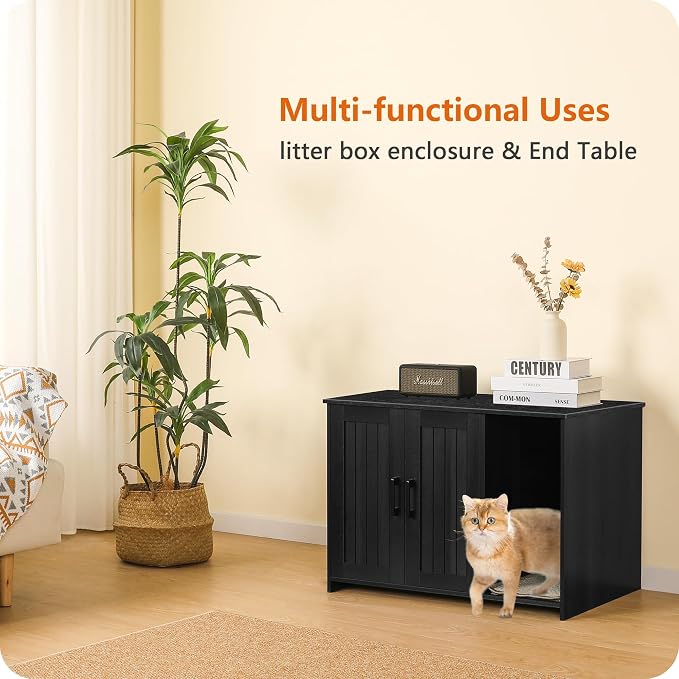 Dwanton Litter Box Enclosure, Cat Litter Box Furniture Hidden, with Scratching Mat, Wooden Cat Washroom Indoor, 31.5" L x 19.7" W x 21.7" H, Dark Gray