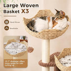 PAWZ Road Modern Cat Tree with Baskets, 44" Cat Tower for Indoor Cats,Brown | 3 rattan baskets (φ15.7") with thick cushions, sturdy base cat tree for large indoor cats, multi-level climbing resting space