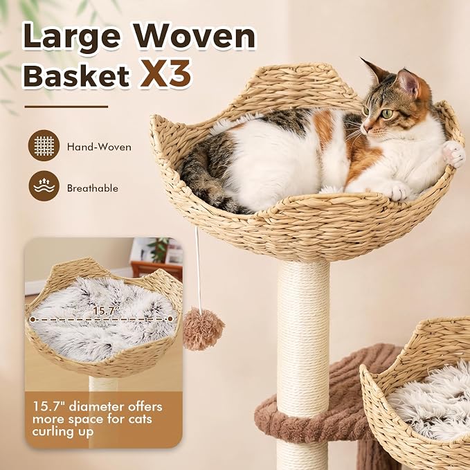 PAWZ Road Modern Cat Tree with Baskets, 44" Cat Tower for Indoor Cats,Brown | 3 rattan baskets (φ15.7") with thick cushions, sturdy base cat tree for large indoor cats, multi-level climbing resting space