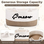 Cat Toy Basket with Cat Ear Handles, 19.5 x 11 x 9 in Woven Cats Toy Bin, Large Two-tone Cotton Rope Storage Box, Meow Words Organizer for Toys, Blankets, Home Decor (White, Linen)