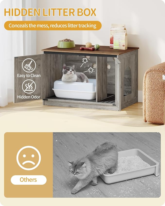 Hzuaneri Cat Litter Box Enclosure, Hidden Litter Box Furniture with Divider | Wooden Cat Cabinet with Removable Dividers, Reversible Entrance Left or Right Side, Cat Washroom, Greige CB84605X