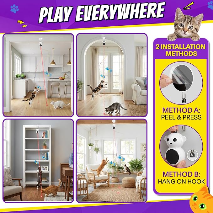2-in-1 Interactive Laser Pointer Cat Toy & Flying Bird Wand for Indoor Cats | No-Drill Doorway Play with Adjustable Speed, USB Rechargeable, Smart Auto-Pause, Bird & Mouse Attachments
