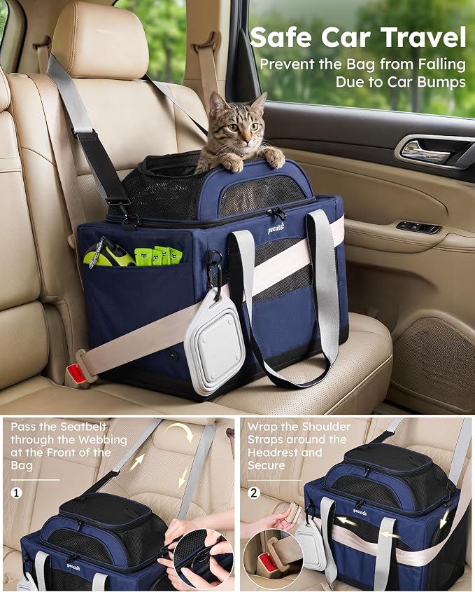 Pecute Cat Carrier, Top Expandable Dog Crate for Travel, Blue | 5mm Anti-Collapse Steel Frame, Soft Mesh, Vet Visits, Foldable Travel Crate,Outdoor Hammock, Leakproof Pee Pad & Bowl