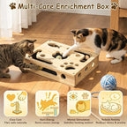 Cat Nail File Box, Interactive Wooden Cat Scratch Puzzle Toy with Sandpaper, Includes 3 Bell Balls & 3 Replacement Pads for Indoor Cats, Stress-Free Enrichment Claw Care (Large)