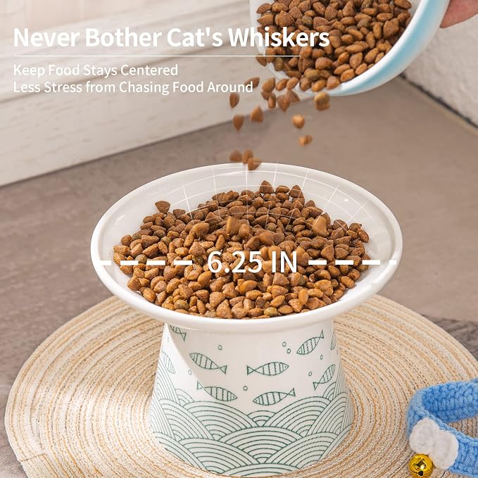 6.25 Inch Extra Wide Ceramic Raised Cat Bowls, Elevated Cat Dish Set | Prevent Neck, Whisker Fatigue, Anti Vomit, for Elder Big Cats & Small Dogs, Dishwasher Microwave Safe, Green & Orange