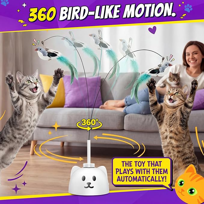 Interactive Cat Toys for Indoor Cats, 360° Automatic Spin Flying Bird Wand | 8cm Suction Cup & Weighted Base, Silicone-Protected Rod, USB Rechargeable with Replaceable Feather & Streamer Attachments