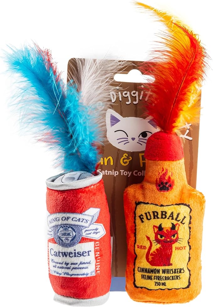 Haute Diggity Kitty Catweiser + Furball Set, Soft Plush Cat Toys | 2 Pack Catnip Toys with Interactive Crackle & Feathers, Safe & Durable Cat Nip Kicker Toy for Outdoor & Indoor Cats & Kitten