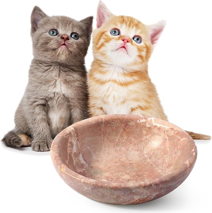 Natural Marble Cat Bowl, Weighted 1.5lb Cat Food Bowl for Cat and Small Dog, Small Animal Pet Food Dish Non-Slip, Shallow Dish for Whisker Fatigue Relief, Premium Red Stone for Home Decor
