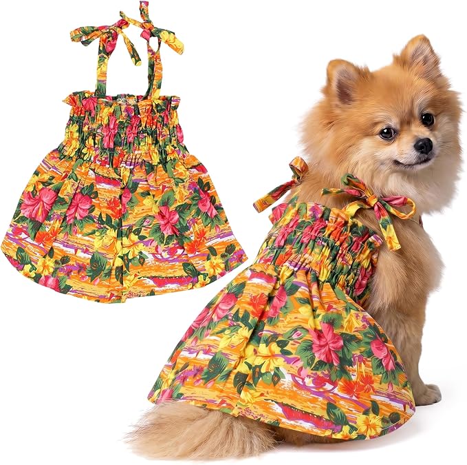 Parisian Pet Hawaiian Dog Dress - 100% Cotton Summer Clothes for Medium Dogs Girl - Pet Dress with Pull-Up Straps - Floral Beach Dog Outfit - Lightweight Puppy Clothes - Stylish Dresses for Dogs