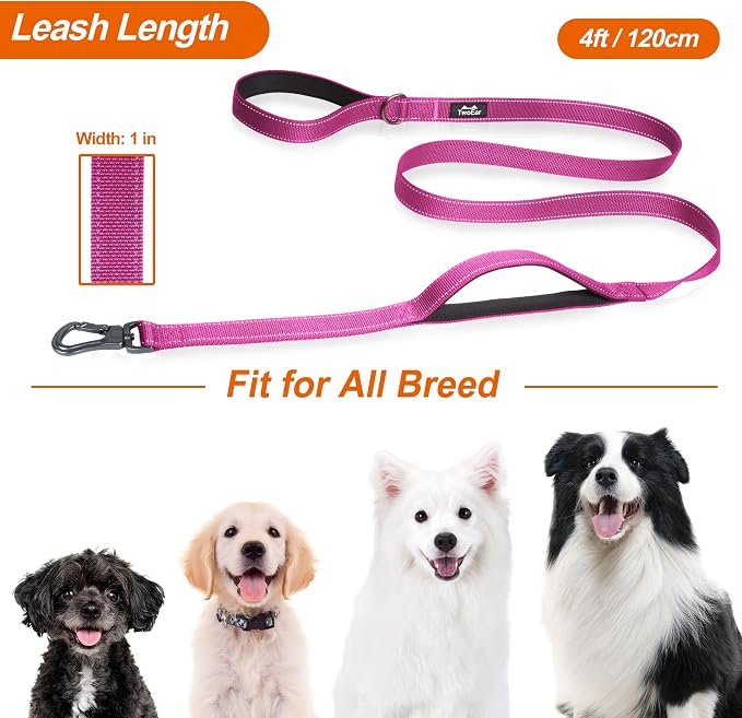 TwoEar 4FT 1IN Strong Rose Dog Leash with 2 Padded Handles, Traffic Handle Extra Control, Comfortable Soft Dual Handle, Auto Lock Hook, Reflective Walking Lead for Small Medium and Large Dogs