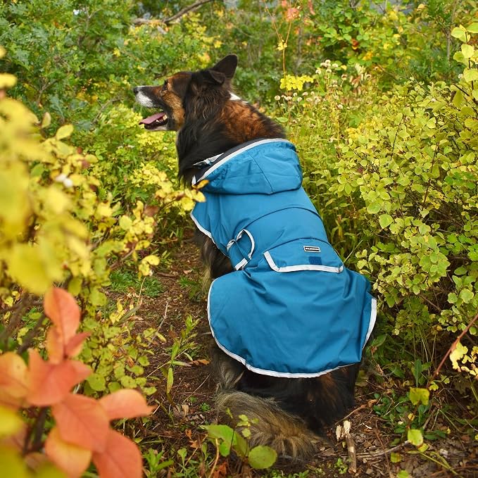 Wilderdog Dog Jacket Waterproof Raincoat with Breathable Interior, Removable Hood, Torso Strap, Secure Closures, Back Pocket and Two Hanging Loops, Foldable into Back Pocket