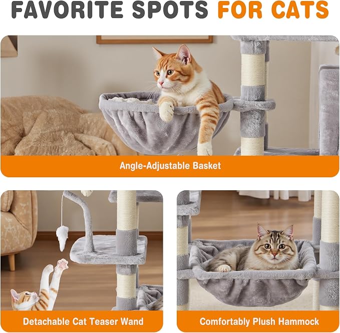 Sweetcrispy 71 Inch Cat Tree Tower for Indoor Cats, Light Grey | Multi Level Climbing Condo, Natural Sisal Scratching Posts, Platform Basket, Indoor Kittens Play