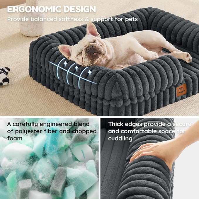 ChiXnuggle Faux Fur Orthopedic Dog Bolster Bed, Waterproof Washable Cover | rectangular dog sofa couch,egg crate foam,non-slip bottom,for small medium dogs,dark grey,30*24*7,puppy bed
