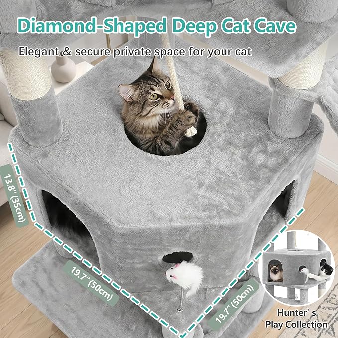 Cat Tree, 81.1" Skyward Corner Cat Tower for Large Cats VCT031W | Space-Smart Cat Furniture with Diamond Hideout, Grand Platform, Firm Base, 3 Soft Hammock & Pet Relax Station, Light Gray