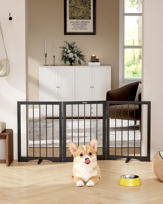 Free Standing Dog Gate Indoor, Foldable Dog Gate for Doorways Stairs | 3-Panel Freestanding Pet Gate with Support Feet for Stability, Folding Puppy Gate Easy to Move, Doggy Gate 54"x24", Black