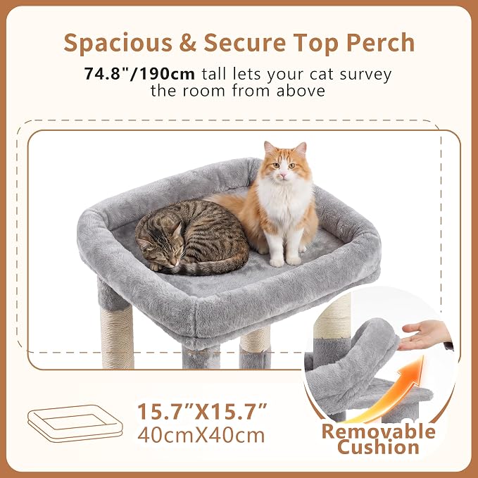Heybly Cat Tree, 74.8-Inch Spacious & Tall Cat Tower for Large Cats HCT062W | Cat Furniture with Large Top Perch, Solid Base, 2 Cat Condos, Hanging Hammock, Durable Sisal Scratching Posts, Light Gray