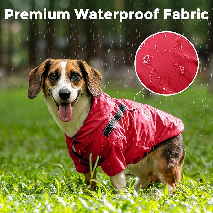 JoyDaog Dog Raincoat with Hood, Waterproof Dog Rain Jacket for Medium Dogs | Waterproof dog rain jacket with hood and pockets for rainy walks, outdoor activities and everyday protection,Red M