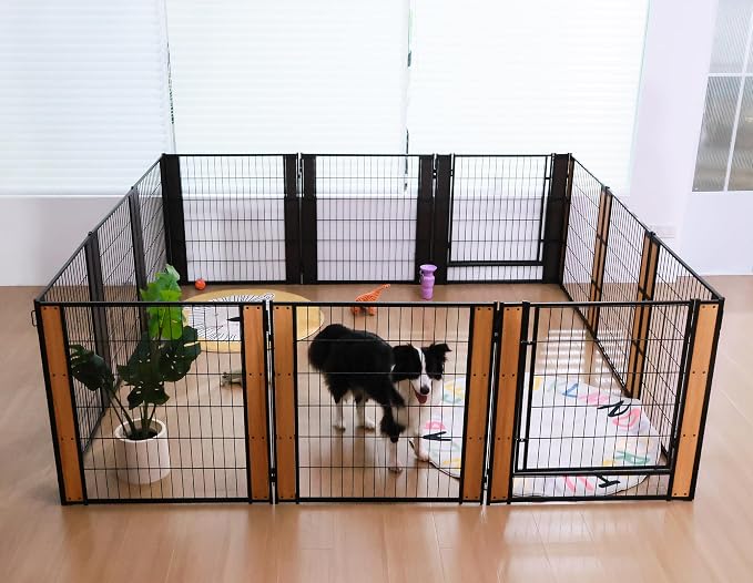 Furniture Style Dog Playpen 32" H, Door Panel, Oak | Indoor/Outdoor Use, Heavy-duty Metal, DIY Layouts, Easy Access, For Small & Medium Dogs, Easy setup