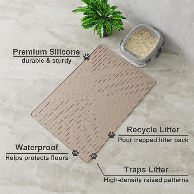 XL Cat Litter Mat, 37.5x25.2 Silicone Trapping Mat Beige | for Kitty Litter Box, Easy Clean, BPA Free Rubber, Center Litter Collection, Easy Pour-Back, Waterproof, Odor-Resistant