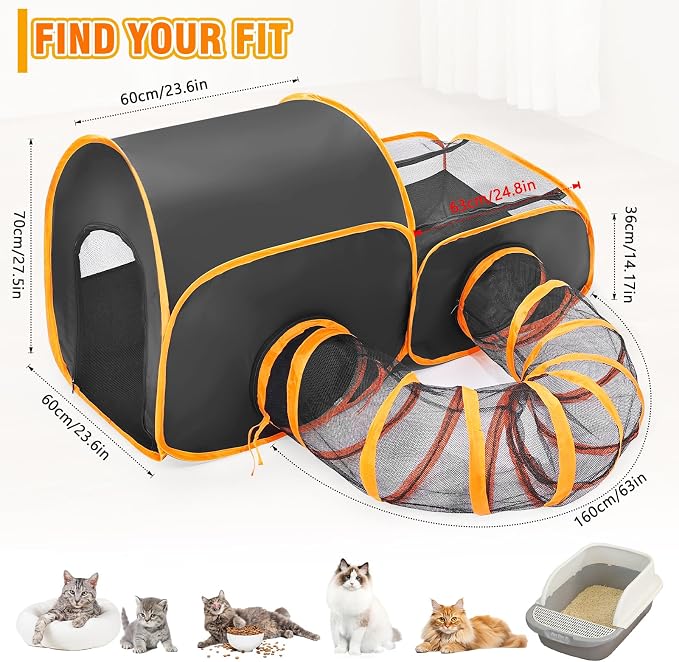 Tailtastic Indoor/Outdoor Cat Playpen with Surround Tunnel 2 Zones Black | escape-proof enclosed enslosure,lightweight foldable for travel, ideal for indoor cats, multi-cat homes & birthing