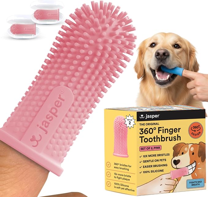 Jasper Dog Toothbrush, 360° Finger Toothbrush for Dogs & Cats, Pink 2-Pack | 12x More Bristles, Teeth Cleaning Kit for Small & Large Pets, Toothpaste Not Included, Fights Bad Breath, Extra Soft Silicone