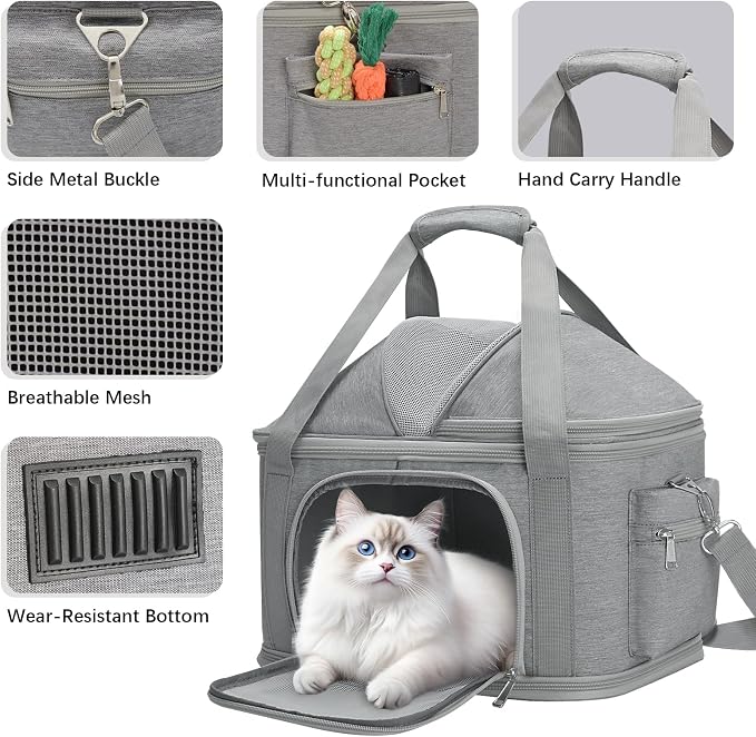 Expandable Pet Dog Cat Carrier, Top Opening Pet Bag for Small Medium Dogs Cats, Collapsible Ventilated Car Travel Comfort Soft-Sided Puppy Carriers Up to 15lbs (Light Grey, 16.2"x11.4"x13"(LxWxH))