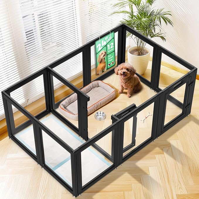 FXW AuraSpace Clear Acrylic Indoor Dog Playpen, 24" H, 12 Panels, Black | Open View, Modern Home Fit, No Climbing Bars, Tool-Free Setup, For Puppies & Small Dogs