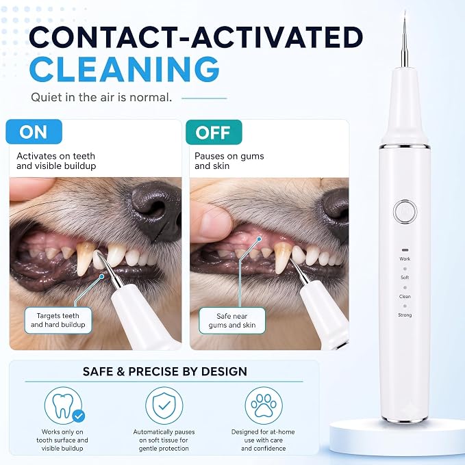 Dog Teeth Cleaning Kit, Ultrasonic Dog Plaque and Tartar Remover | Contact-Activated Pet Dental Care Tool with 3 Modes, 4 Heads, LED Light, IPX6 Rechargeable Dog Cat Teeth Cleaner - White