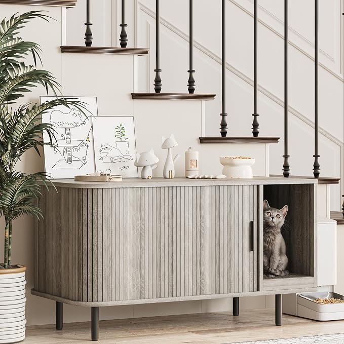 Halitaa 37.4" Cat Litter Box Enclosure with Scratch Pad, Sliding Door | Litter Box Enclosure Furniture Hidden Litter Box, Modern Indoor Cat House, TV Stand, Side End Table for Living Room, Grey