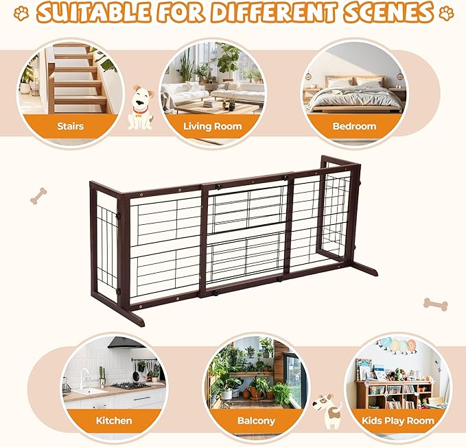 Coziwow 38-67" Dog Gate Indoor, Free Standing Pet Gate for Doorways Extra Wide, Wooden Fence Puppy Safety Gates for The House, Stairs, Hallway, No Drilling Required,Brown