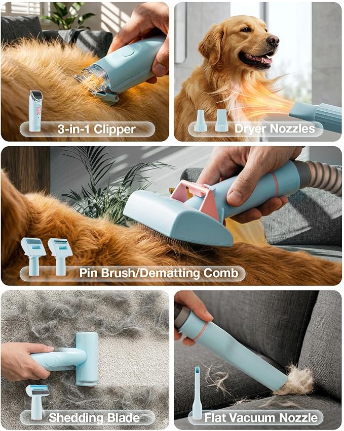 PETGUGU Dog Grooming Vacuum, Dog Vacuum with 7‑in‑1 Clipper, Dog Vacuum for Shedding Grooming, Deshedding Brush,3‑Speed Adjustable & Temp Control Blower,2.5L Dust Cup,Reduces Flying Hair,Easy cleanup