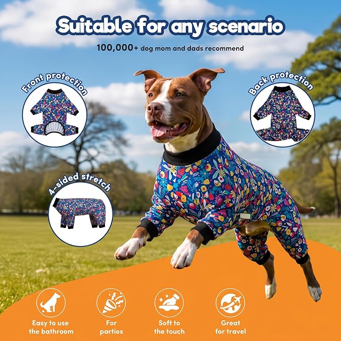 LovinPet Dog Pajamas Apparel for Giant Dogs, Pitbull Clothes, Stretch Knit, Hawaiian Flowers Print, Big Dogs Pullover Onesie, Pajamas for Pitbulls, Pitbull Onesie, Full Coverage Big Dog Pjs, 2XL