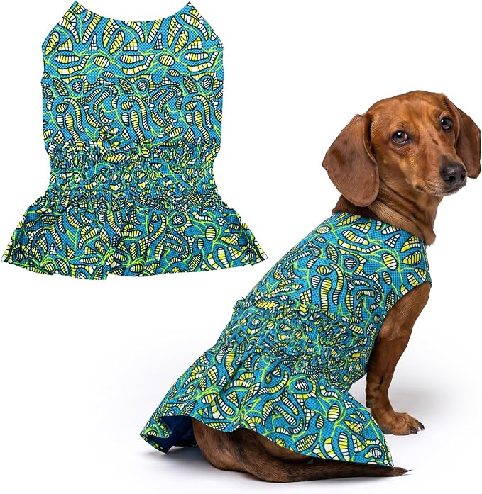 Parisian Pet Tribal Dog Dress - Summer Clothes for Large Dogs Girl - Ruched Waist Pet Dress - Stylish Printed Beach Dog Outfit - Lightweight Puppy Clothes - Sleeveless Dresses for Dogs