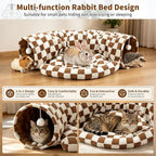 BWOGUE Bunny Tunnel Bed, Brown Plaid 2-in-1 Rabbit Tunnel Hideout with Mat | Removable Mat for Washing, Ball Toy for Play, Tunnel Tubes for Hiding, Soft Suede Fabric, Cats Rabbits Guinea Pigs
