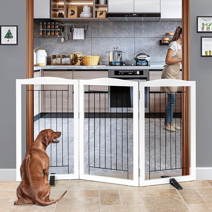 ZJSF Freestanding Dog Fence Indoor, Foldable Dog Gate for Doorways, Stairs or Hallways, Sturdy Wood Extra Wide Pet Gate with Support Feet for The House, White, 32 "Height-3 Panels