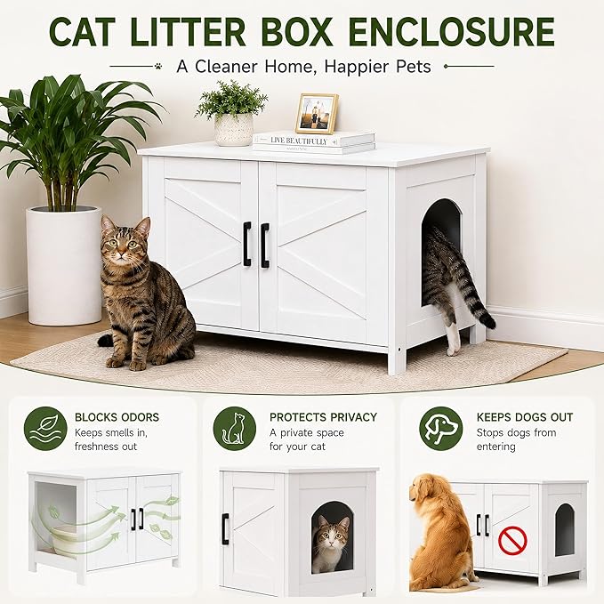 Homhedy 31.5" L Cat Litter Box Enclosure with Barn Door, White | Wooden Cat Washroom Furniture, Cat House, Pet Storage Cabinet, Dog-Proof, Fit Most of Litter Box, Farmhouse Style
