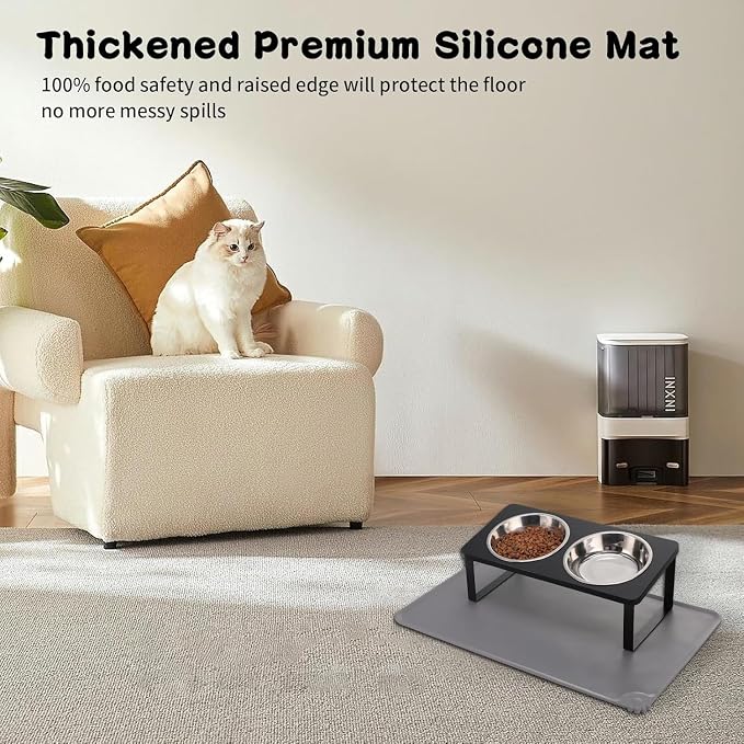 Summark 2Pack Elevated Cat Bowls with Food Mat,15°Tilted Stand Anti Vomiting Raised Cat Dishes for Food and Water,2 Stainless Steel Bowls for Cats and Puppy,Black