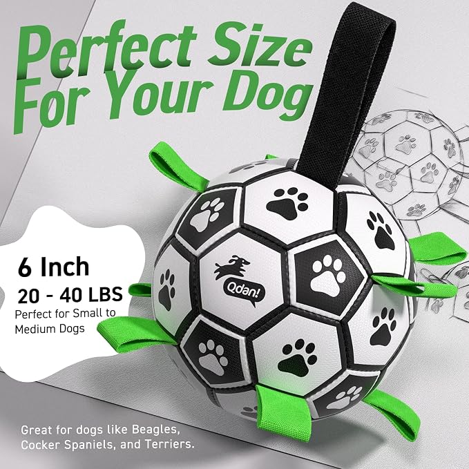 QDAN Dog Toys Dog Balls, 6 Inch Dog Soccer Ball with Straps, Herding Balls | Dog Birthday Toy, Balls for 20-40lbs Dogs, Outdoor Puppy Toys to Keep Them Busy, Interactive Toy for Tug, Pool Water Toy Ball
