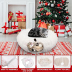 Hollowfly Christmas Cat Bed Tunnel 3ft x 3ft x 9.8in Under Tree Cat Donut Tunnels for Indoor Kittens Xmas Winter Plush Peekaboo Cave Toy Collapsible 3 Way for Small Kitty(Fluffy)
