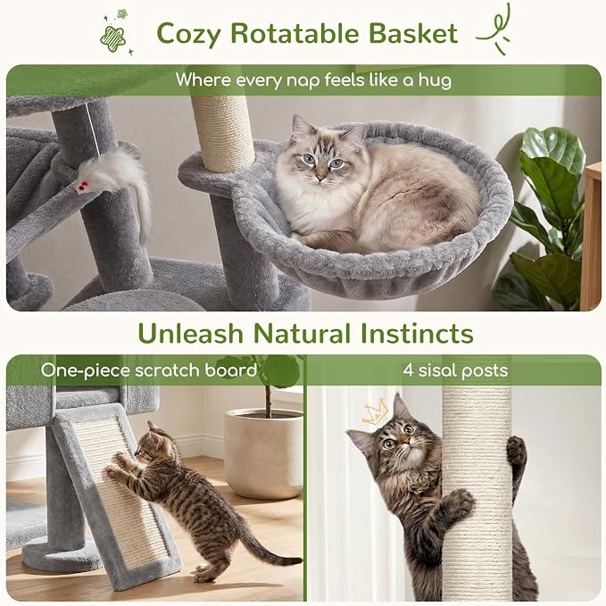 Globlazer S51 Sturdy Cat Tree for Indoor Large Cats, Light Grey | 51in Cat Tower with 4 Scratching Posts, Large Cat Tree with hammock for Cats Large Adult, Hanging Baskets, Top Perch