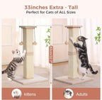 Tall Cat Scratching Post 33” Heavy Duty Sisal Scratcher Post | Modern Cat Scratching Post with Heavy Duty Base for Sturdy, Large 33" Vertical Sisal Rope Post & 2 Cat Toy Balls for Cats