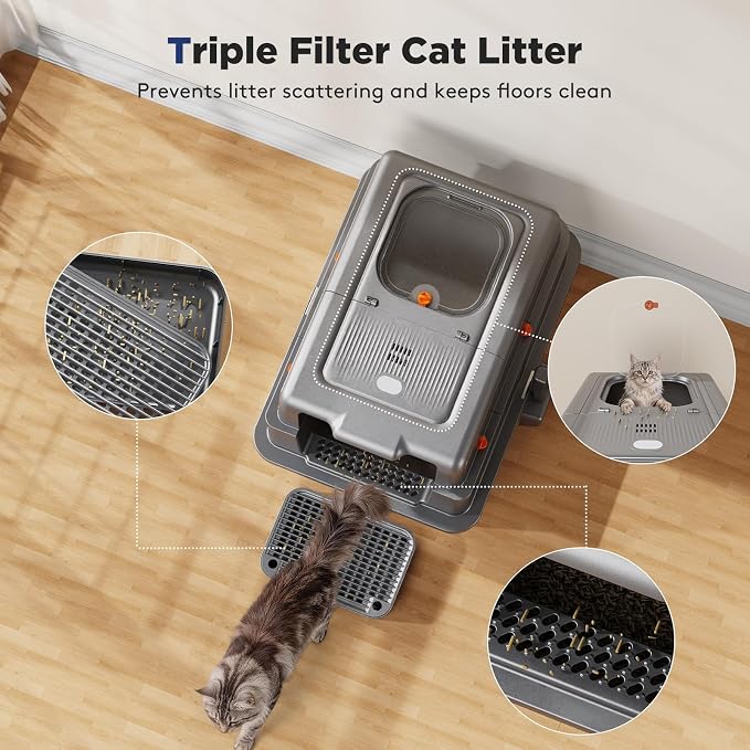 FURTIME XXXL Extra Large Enclosed Stainless Steel Litter Box with Lid | Large Enclosed Cat Litter Box for Big Cats, Metal Cat Box with High Sided Enclosure & Scoop, Grey