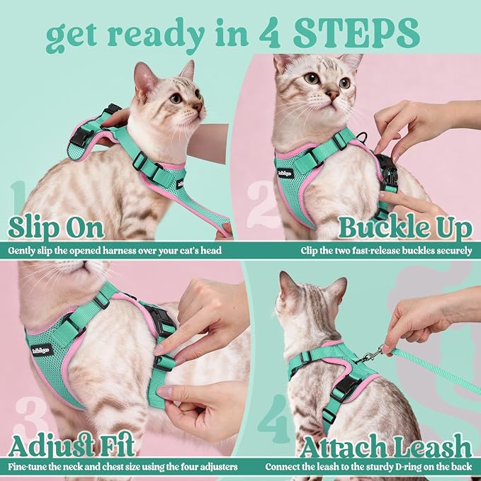 rabbitgoo Cat Harness and Leash Set, Escape Proof Vest, Green & Pink | Soft Breathable Mesh, Easy Adjustable Fit, Snap Buckles, Sturdy Clip, Reflective Strips, for Average Cats Walks, S