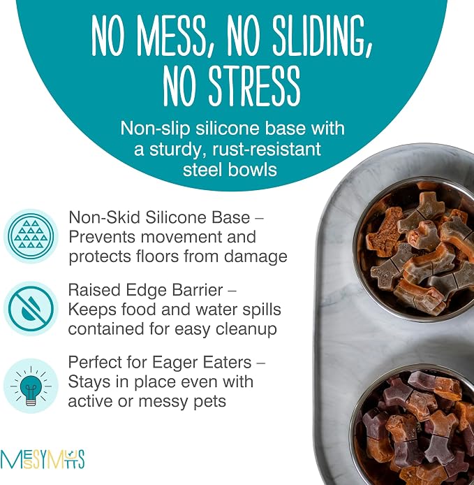 Messy Mutts Double Silicone Dog Feeder, Stainless Bowls, Large, Marble | Non-Slip Silicone Double Dog Feeder With Two Removable Stainless Steel Bowls For Food And Water