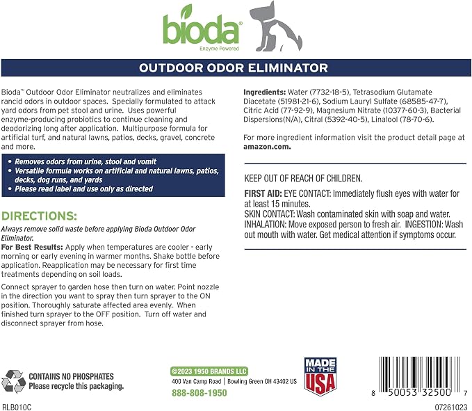 Bioda Probiotic Natural Outdoor Odor Eliminator, 32 oz Spray Bottle, Enzyme | Enzyme Cleaner Destroys Cat & Dog Odor, Neutralizer for Lawn, Artificial Grass, and Patios