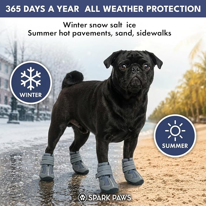 Spark Paws 365 Dog Shoes - All-Season Boots for Winter Snow & Hot Pavement | Water-resistant, anti-slip, stay-on straps - rain, ice & summer booties in one. Reflective; small, medium & large dogs