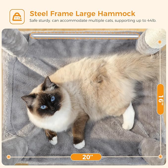 MUTTROS 56.3" Cat Tree with Metal Hammock, 2-Door Condo, 6 Tiers, Gray | 6-tier shelves, Metal plush hammock, 2-door condo house, Sisal posts, Large top perch, For adult cats