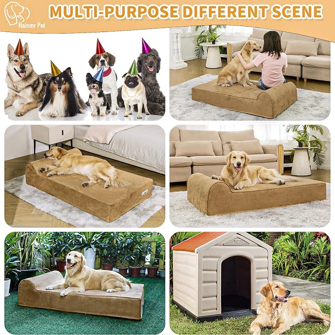 Rainmr Orthopedic Dog Beds for Large Dogs, 7" Memory Foam Dog Beds with Waterproof Liner, Durable Microsuede Cover, Removable and Washable, Nonskid Bottom, 48"x30"x7" L Khaki